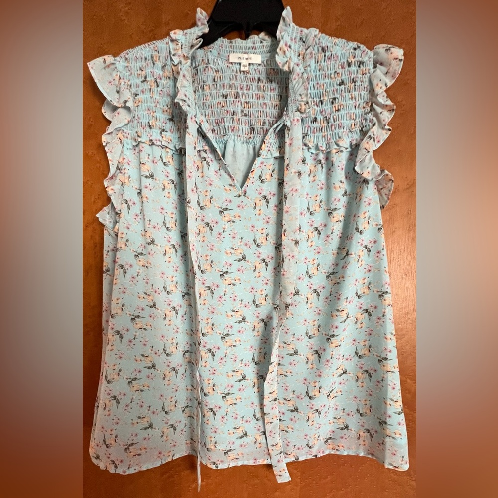 Pleione Floral Ruffle Blouse in Light Blue